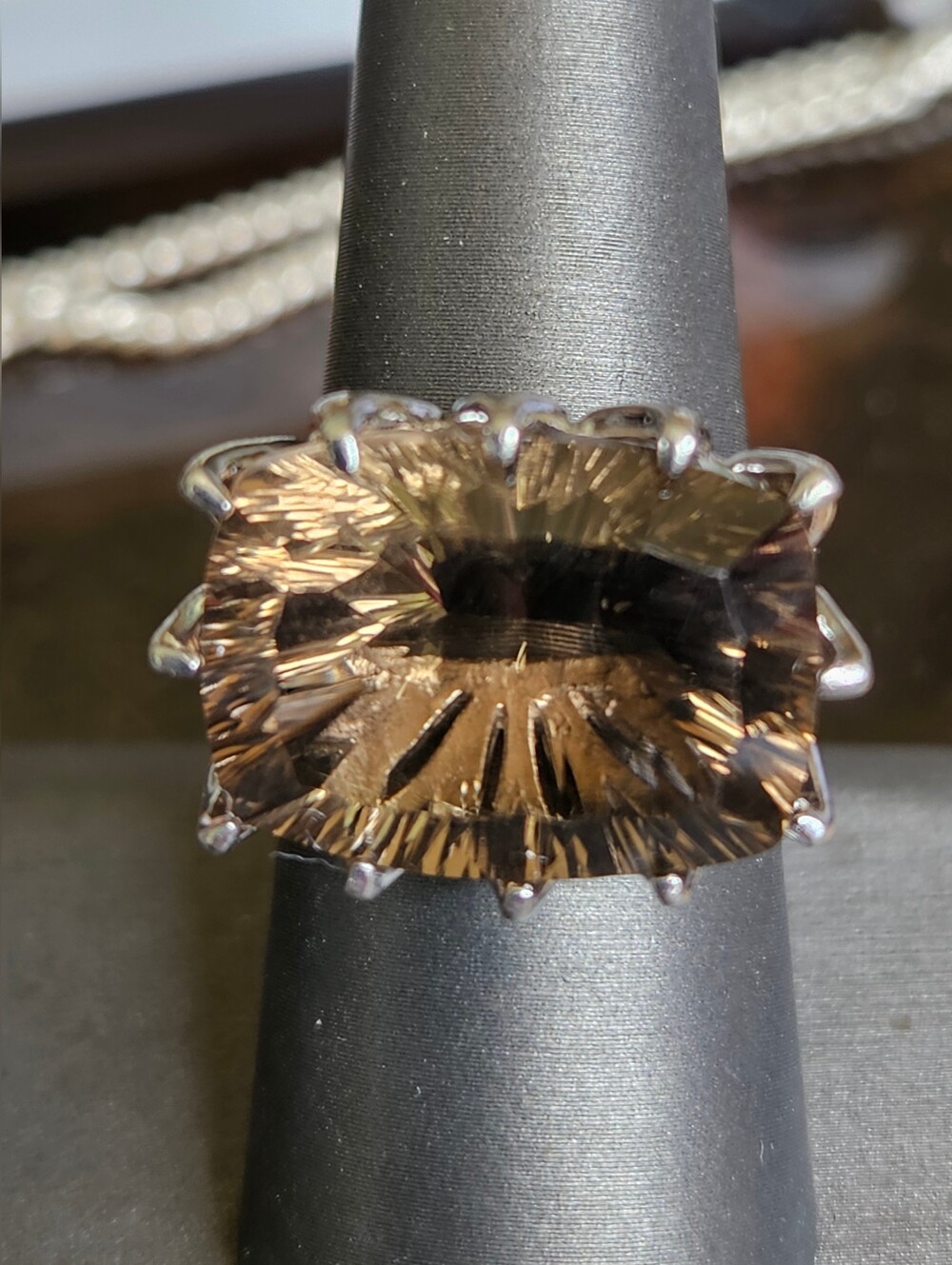 Big Fantasy Quantum Cut Smoky Quartz 925 Silver Ring